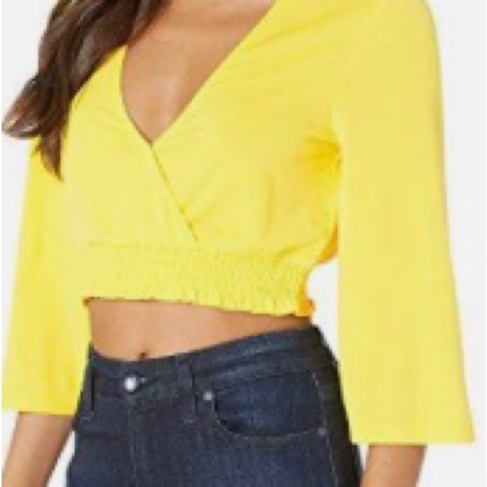 BCBG Yellow Bell sleeves crop top V-neck